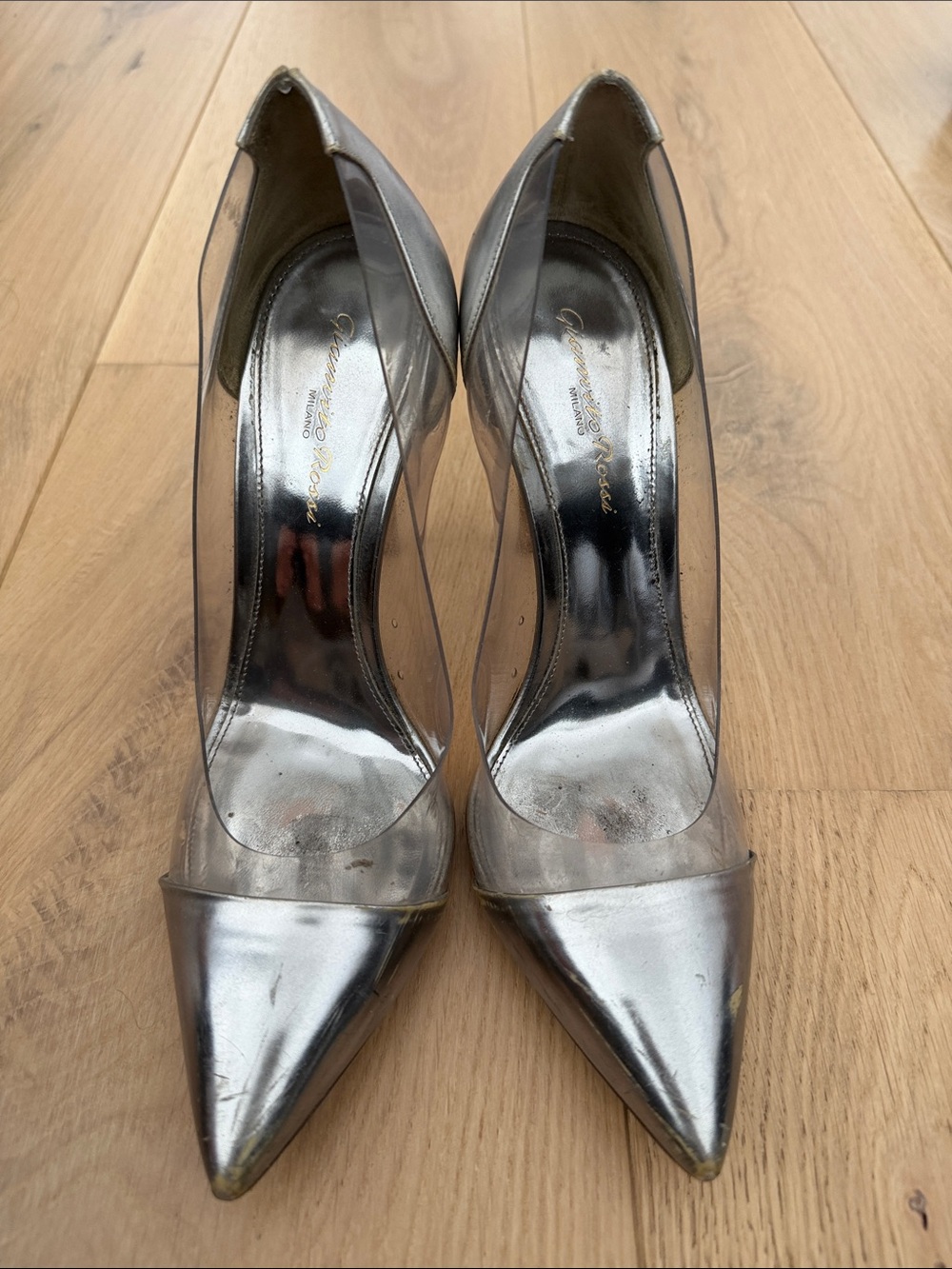 Gianvito Rossi Plexi Metallic-Effected Pointed Toe Pumps EU 38